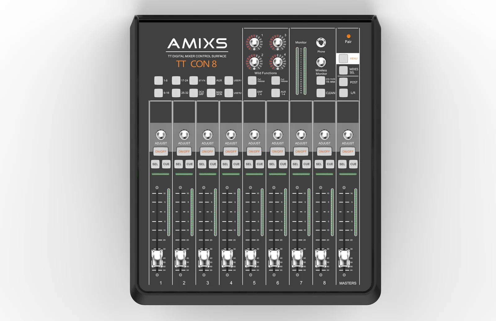 Front-view product rendering of the AMIXS TT CON 8 digital mixer control surface