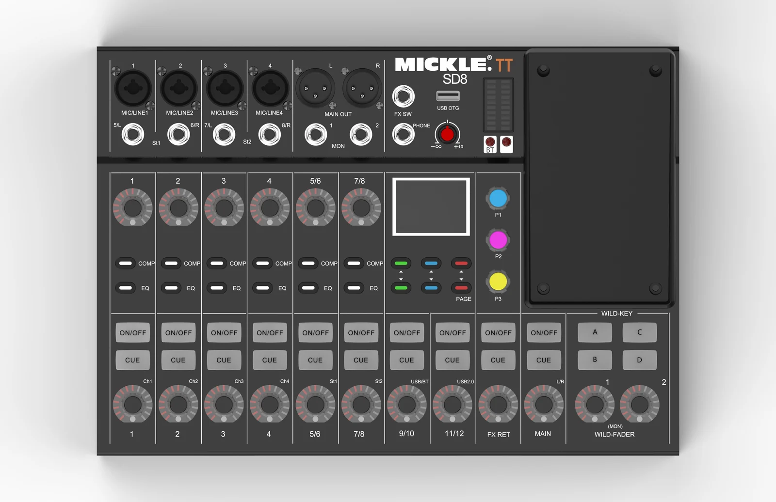 Front-view product rendering of the MICKLE TT SD8 compact mixer