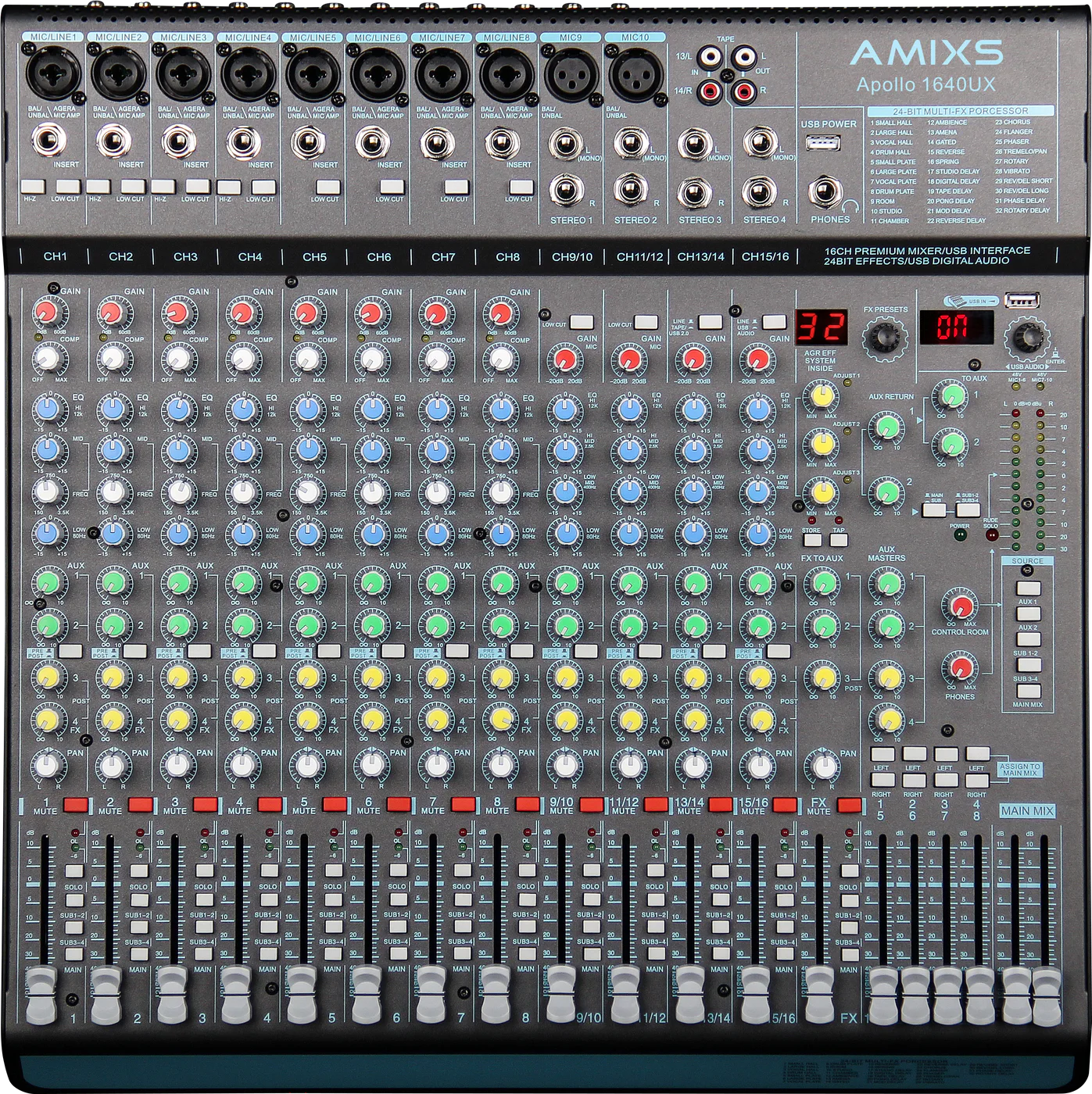 MICKLE APOLLO1640 analog mixer angled front view