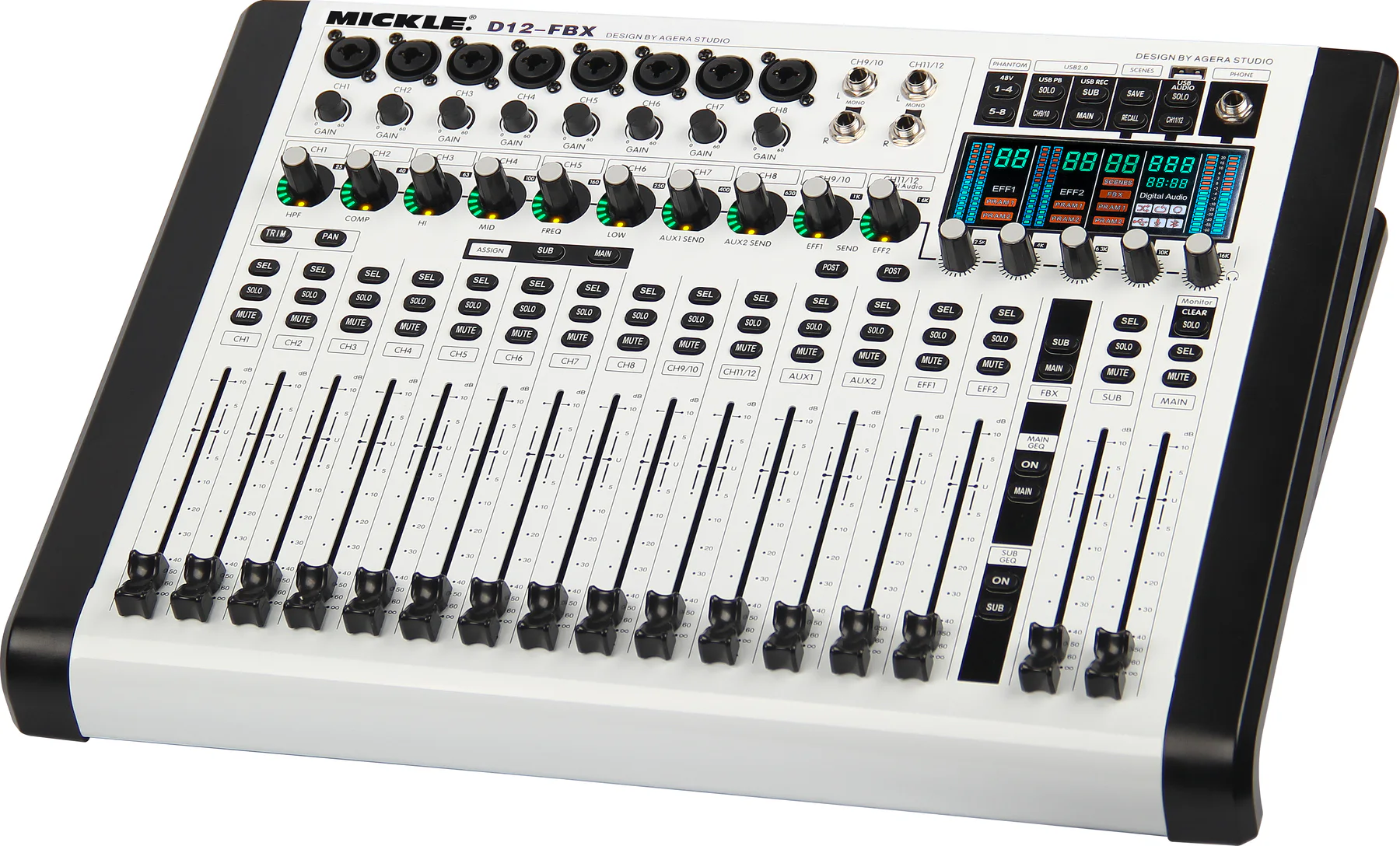 MICKLE D12-FBX compact digital mixer angled view