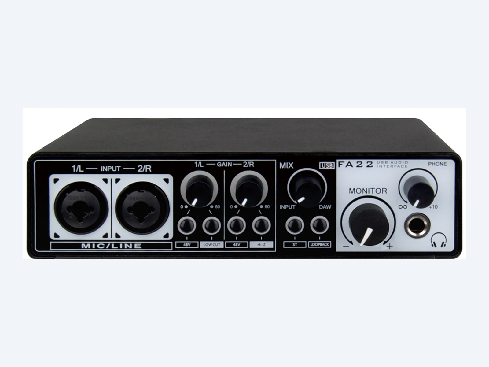 MICKLE FA22 2-in 2-out USB audio interface front panel