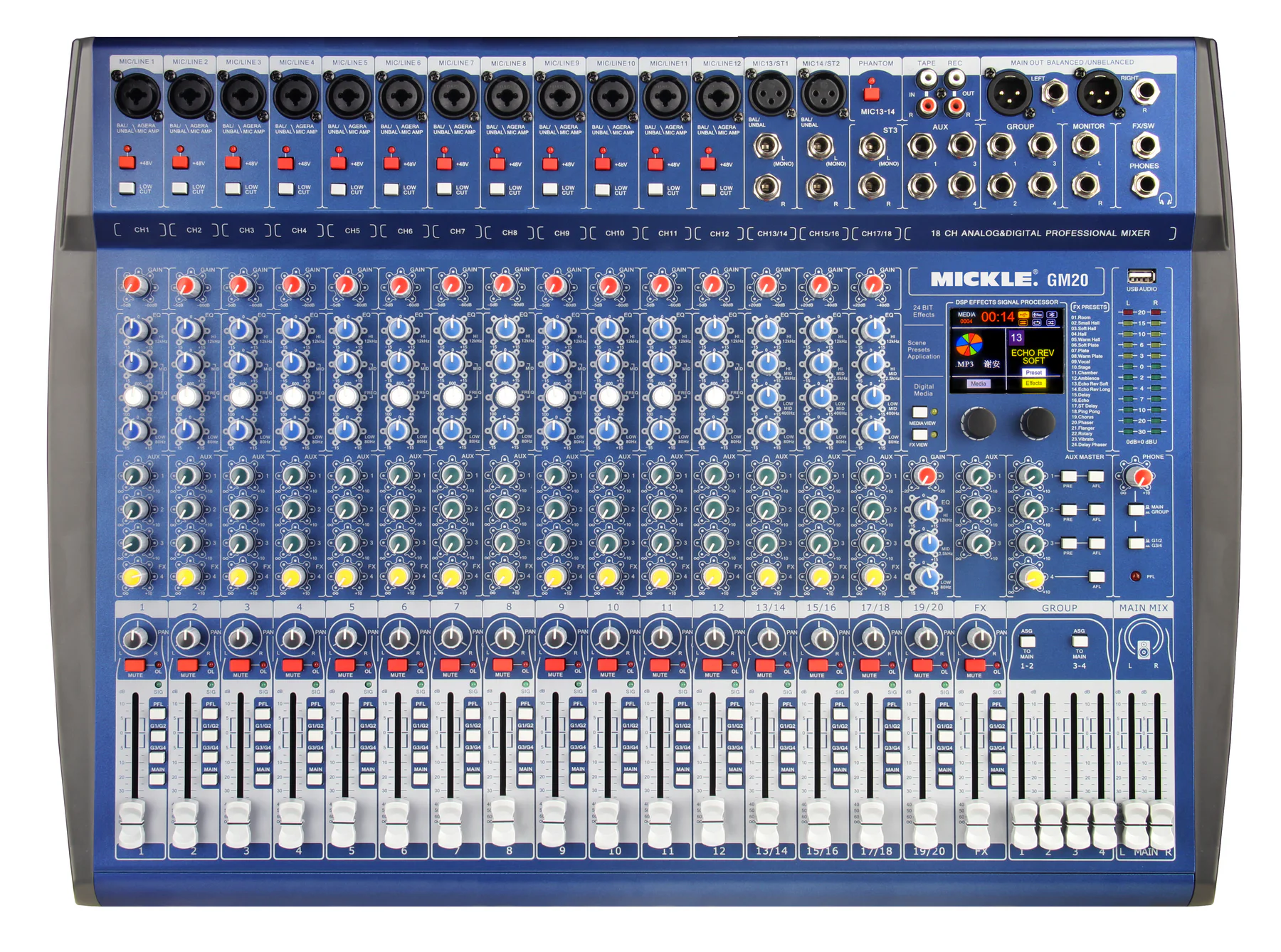 MICKLE GM20 20-channel analog mixer top view