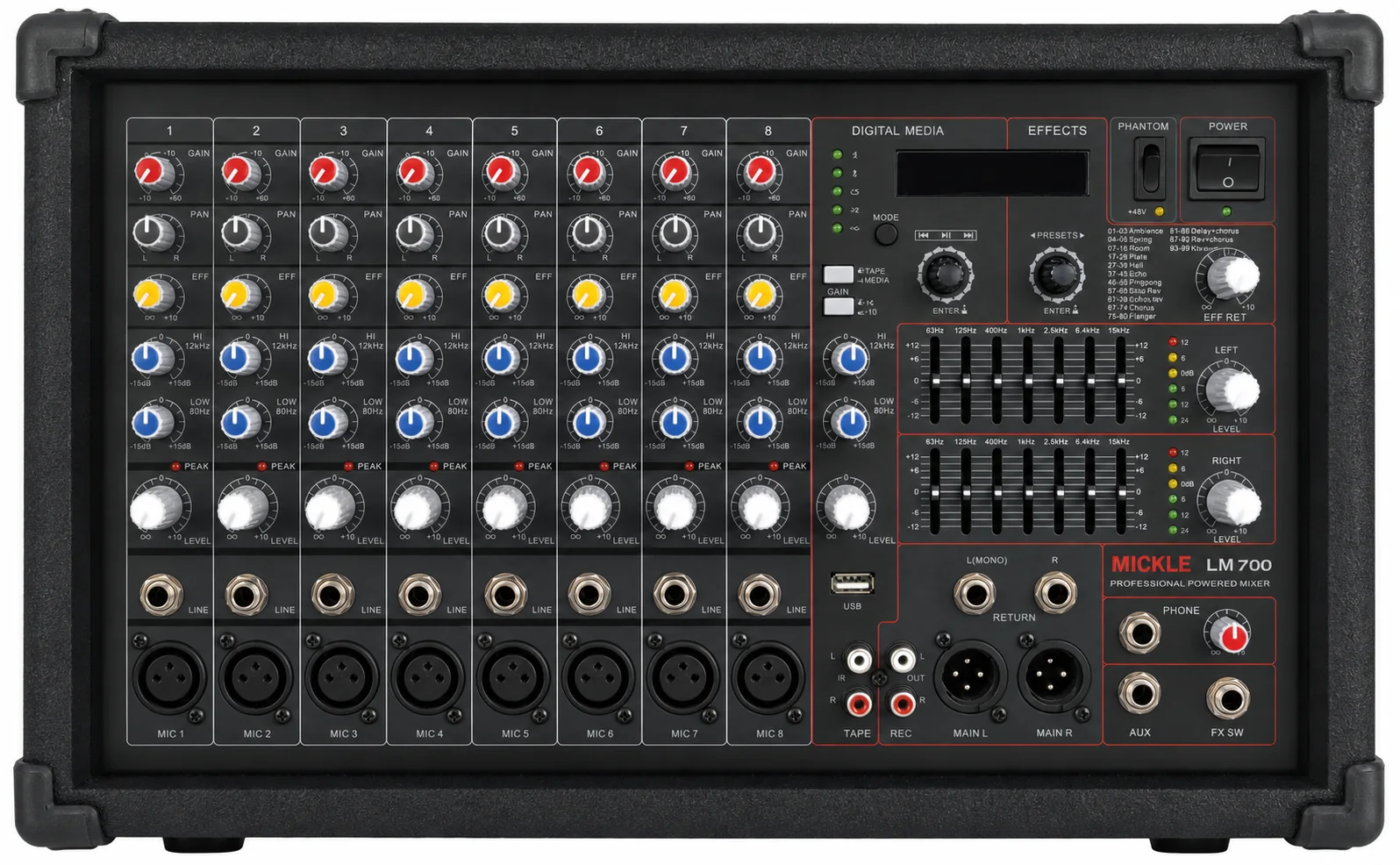 MICKLE LM700 eight-channel professional powered mixer front panel