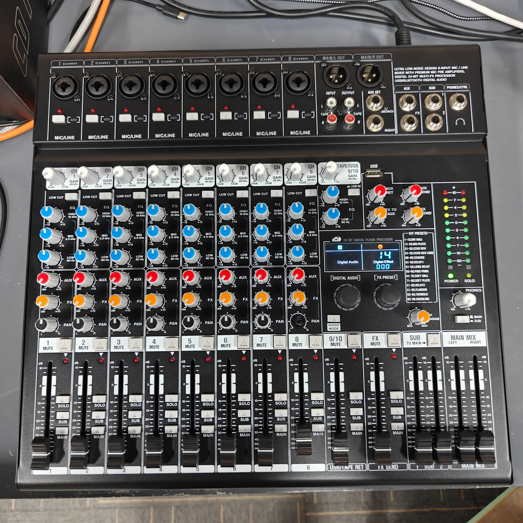 MICKLE ME8 eight-input powered mixer straight-on front view