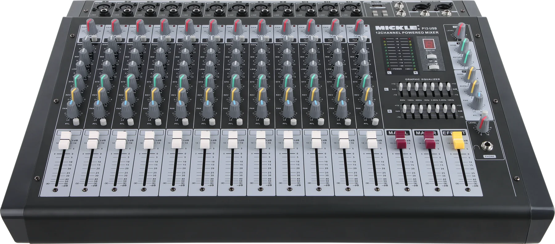 MICKLE P12-USB powered mixer straight-on front view