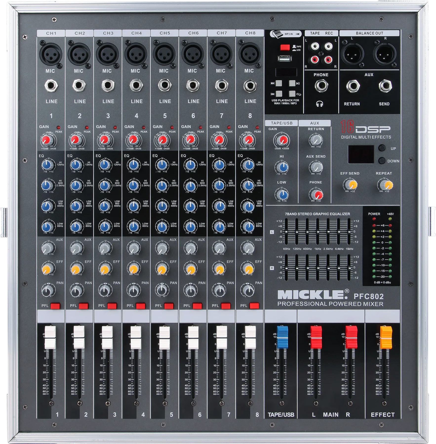 MICKLE PFC802 cabinet powered mixer straight-on front view