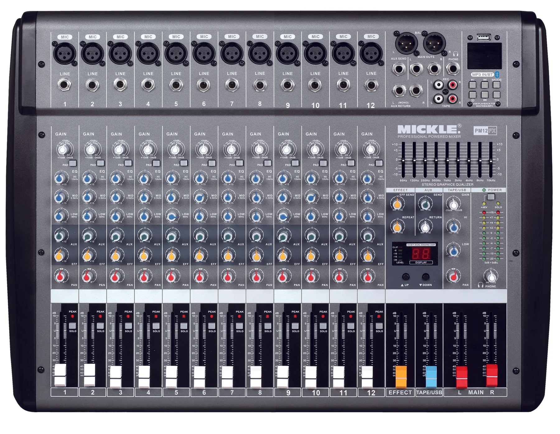 MICKLE PM12FX powered mixer straight-on front view