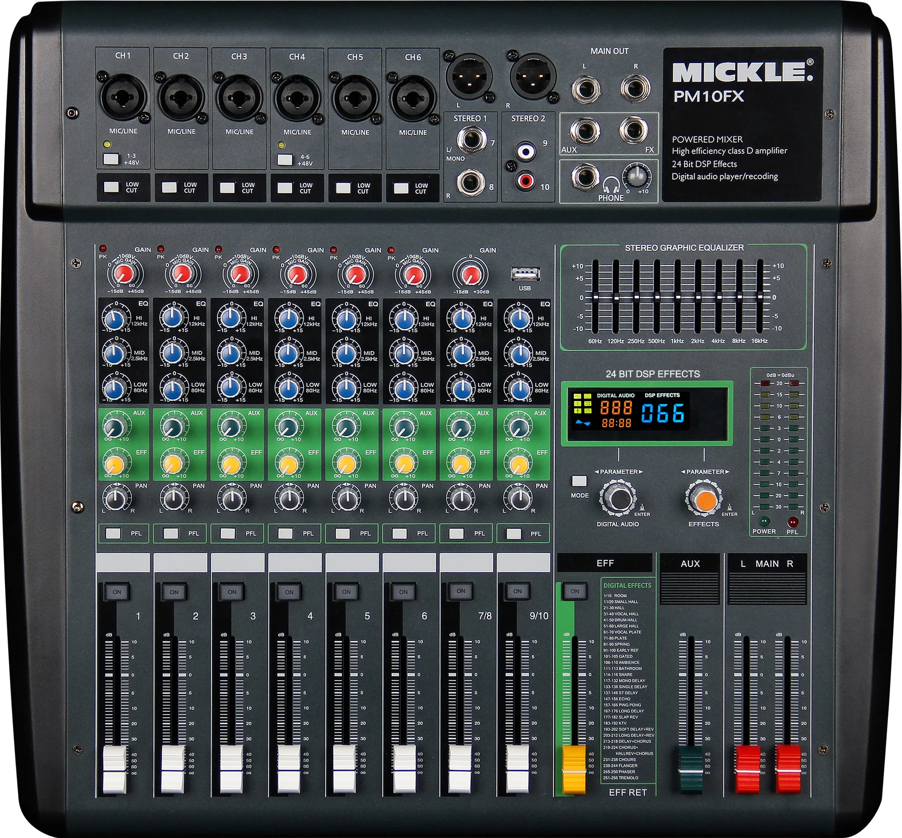 MICKLE PM10FX powered mixer straight-on front view