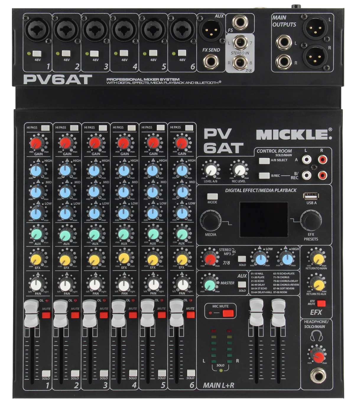 MICKLE PV6AT 6-channel compact professional mixer top panel