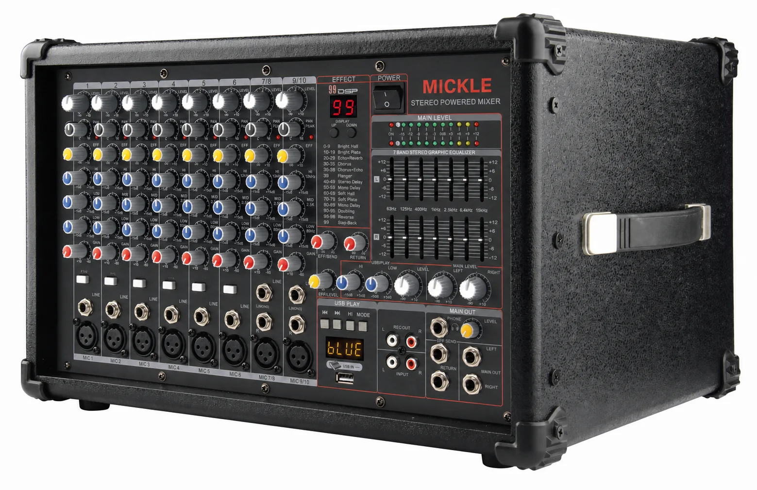 MICKLE RPM3800 stereo powered mixer angled front view