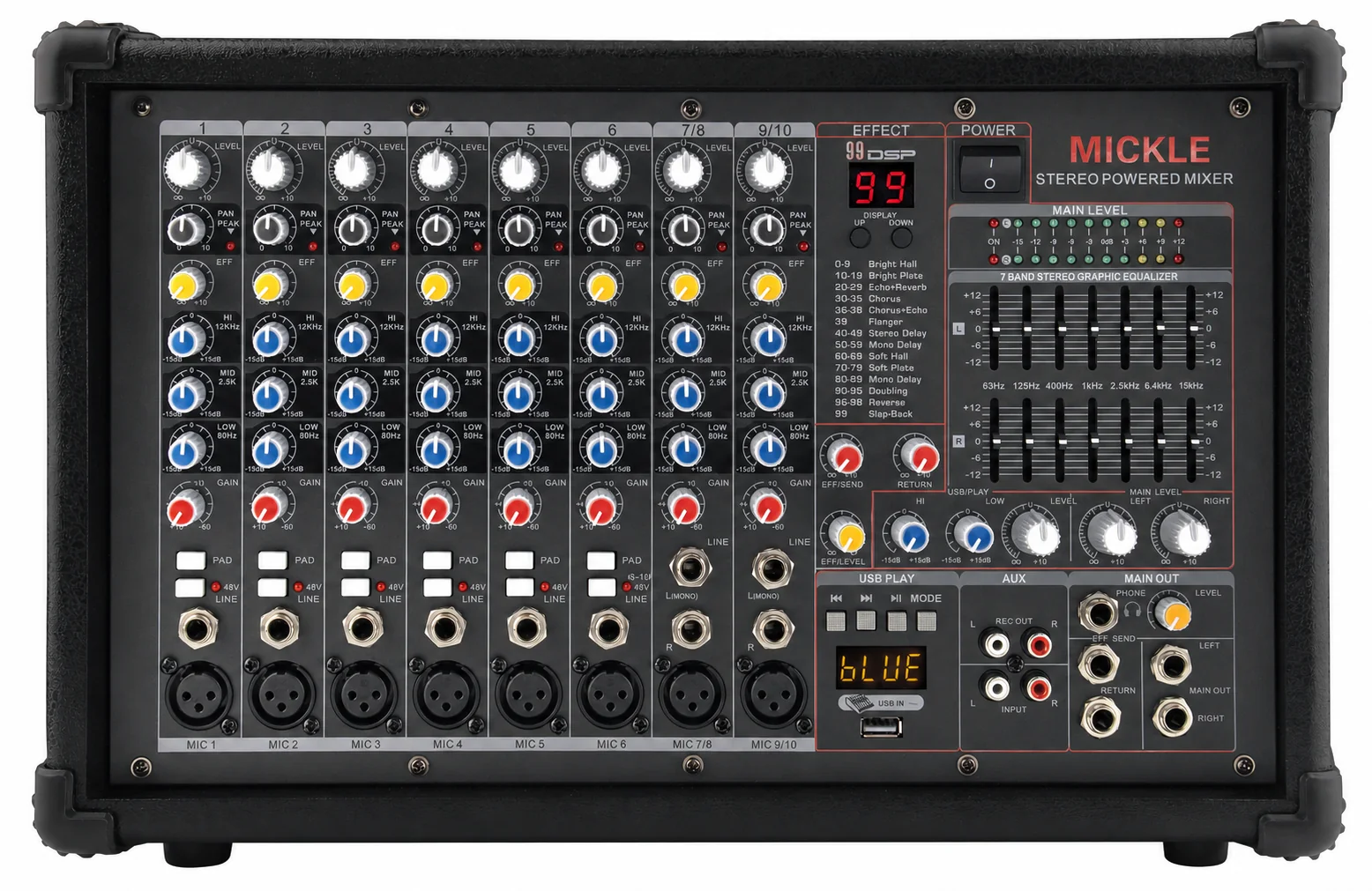 MICKLE RPM7800 stereo powered mixer straight-on front view